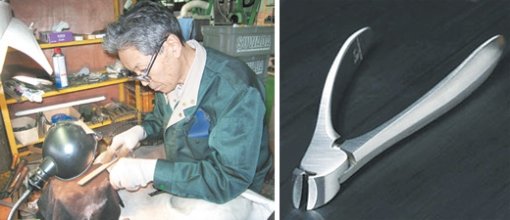 일본 니가타 현 스와다제작소에서 고바야시 히데오 씨가 손톱깎이 제작의 핵심 과정인 날 맞추기 작업을 하고 있다.(왼쪽 사진) 스와다제작소에서 만든 니퍼 모양의 손톱깎이. 니가타=천광암 특파원