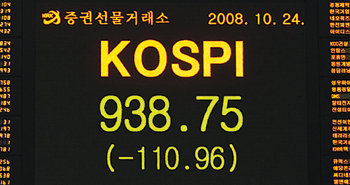 코스피 10.57% 폭락국내외 경제의 암울한 전망에서 시작된 공포가 24일 코스피 1,000 선을 허물어뜨렸다. 서울 영등포구 여의도동 한국증권선물거래소 전광판에는 3년 3개월여 만에 세 자릿수 코스피 종가가 기록됐다. 홍진환 기자