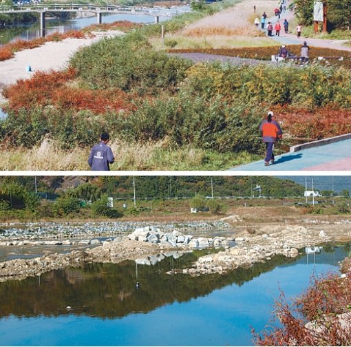 비산동 인근 안양천 구간은 안양시에서 관할하는 지방하천으로 2006년 7월 자연형 하천으로 단장돼 시민들의 쉼터로 인기를 모으고 있다(위). 반면 국가하천으로 서울지방국토관리청이 관할하는 석수3동 인근 안양천 구간은 개발 공사가 더디게 진행돼 주민의 불만을 사고 있다(아래). 안양=원대연 기자