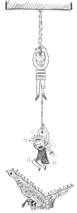 ‘과학의 성’에서 주인공 소년 누리와 마법사 소녀 매직시스는 다양한 체험을 하며 과학 원리를 푼다. 줄의 최대장력 문제를 풀기 위해 자신들을 직접 줄에 묶는 일도 감당해야 한다. 사진 제공 함께읽는책