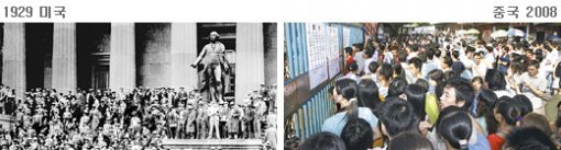 “80년전과 오늘, 수출대국 비슷한 길 걷고있다” 주식 대폭락 사태로 대공황의 시작을 알렸던 1929년 10월 24일 미국 뉴욕 증권거래소 인근에 모여든 투자자들(왼쪽 사진)과 최근 경기침체로 문을 닫은 중국 광둥 성의 한 공장 앞에 몰려든 실직자들. 동아일보 자료 사진