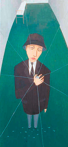 화가 민경숙 씨의 ‘1994년 4월에서 5월’. 깨진 볼록거울에 비친 사람의 모습을 표현한 작품이다. 전문가들은 거울의 금과 슬픈 표정은 화가 자신이 받은 심적 고통을 뜻한다고 분석했다.