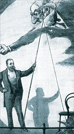 빅토리아 시대(1837∼1901) 영국의 한 강연자가 발표 도중 기다란 나무 지시봉을 사용하고 있는 모습을 담은 그림. 그림 제공 웅진지식하우스