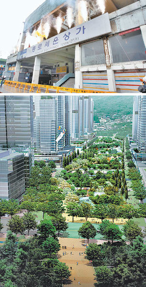 근대화의 상징이자 대형 주상복합건물의 효시로 평가받던 종로 세운상가가 사라진다. 도심의 흉물로 지적을 받은 세운상가는 앞으로 녹지로 조성된다(아래). 17일 ‘세운녹지축 조성사업’ 착공식에서 세운상가의 간판이 내려지고 있다. 변영욱 기자