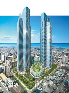 제주시 노형로터리 인근에 들어서는 초고층 건물인 62층짜리 쌍둥이빌딩 조감도. 조감도 제공 동화투자개발