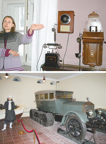 레닌이 ‘크렘린의 소박한 아파트’라고 불렀던 레닌 별장은 ‘소박함’과는 거리가 있었다. 에릭손 고급 전화기(위)와 당시 레닌이 타고 다녔던 롤스로이스 자동차도 보인다. 고리키=정위용 특파원