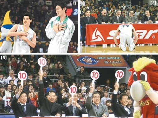 이번 올스타전에서도 스타들의 재치와 끼가 한껏 발휘됐다. [1] 동부 김주성(오른쪽)과 LG 조상현이 인기그룹 소녀시대의 ‘GEE’에 맞춰 춤을 추고 있다. [2] 덩크슛 콘테스트에 출전한 모비스 김효범이 원핸드 덩크슛 묘기를 보인 뒤 심사위원석으로 달려가 큰절을 올리고 있다. [3] 큰절 효과일까. 심사위원들이 모두 10점 만점을 주고 있다. 연합뉴스
