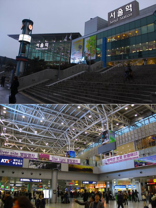 13일 오후 6시경 서울역의 모습. 이날 간간히 내리던 비는 역에 도착하자 멎었다(上).서울 내부. 오늘 탈 ‘별빛 열차’를 홍보하는 플래카드가 눈에 띈다(下).