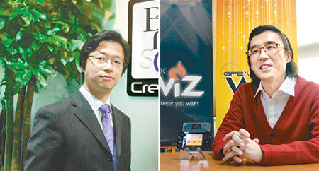 토종 게임업체 바른손 크리에이티브의 최종신 대표(왼쪽)와 게임파크 홀딩스의 이범홍 사장은 “닌텐도와 같은 글로벌 게임업체가 되겠다”고 입을 모았다. 이들은 “이명박 대통령 발언 이후 관심이 쏠려 기대가 크다”면서도 “지속적인 노력 없이는 ‘한국판 닌텐도’가 태어나기는 어렵다”고 말했다. 사진 제공 각 회사