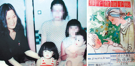 마지막 가족사진과 모자 수첩다구치 야에코 씨가 납치되기 전인 1978년 어느 날 도쿄 자택에서 이웃과 함께 찍은 가족사진(왼쪽). 왼쪽이 다구치 씨, 정면 가운데 줄무늬 상의를 입은 아이가 딸(당시 3세), 안겨 있는 아이가 아들 이즈카 고이치로 씨(당시 1세). 다른 사람은 모자이크 처리했다. 다구치 씨와 아들 이즈카 씨의 이름이 적혀 있는(빨간 점선 안) 모자건강수첩. 이즈카 씨는 다음 주 김현희 씨를 만날 때 이 수첩을 가져갈 계획이다. 사진 제공 이즈카 시게오 씨