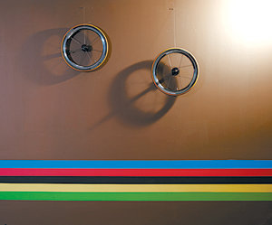 전시장 벽에 한 쌍의 자전거 바퀴를 걸어놓은 반이정 씨. 창작 당사자의 사사로운 체험을 비평으로 공인받는 현대미술의 단면을 엿보게 한다.