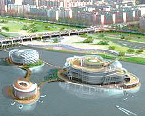 내년 상반기 중에 개장할 예정인 한강 인공섬 조감도. 서울시는 총 622억 원의 사업비를 들여 한강 반포대교 남단에 카페와 공연장 등의 시설을 갖춘 인공섬과 수상정원을 조성할 계획이다. 사진 제공 서울시