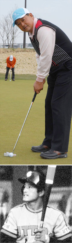 프로야구 초창기 롯데 선수로 활약했던 정학수 씨는 1990년대 중반 미국에 정착한 뒤 골프 지도자의 길을 걷고 있다. 올 시즌 미국여자프로골프(LPGA)에 데뷔한 최운정과 이지혜가 그의 제자다. 정 씨가 그린에서 포즈를 취했다. 아래 작은 사진은 선수 시절 정 씨. 사진 제공 스카이72골프장