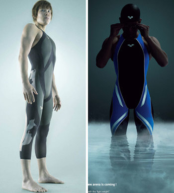 박태환이 지난해 베이징 올림픽 자유형 400m에서 금메달을 딸 때 입었던 스피도의 ‘레이저 레이서’(왼쪽). 아레나는 이 제품에 맞서기 위해 ‘네오 플랜’을 출시했다. 오른쪽 사진은 네오 플랜의 훈련용 버전인 ‘아쿠아 포스 라이트’. 사진 제공 스피도·아레나