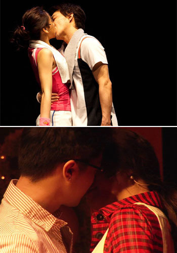 뮤지컬 ‘아이러브 유’(위)와 ‘온에어’(아래)의 공연 중 키스 장면. 동아일보 자료사진