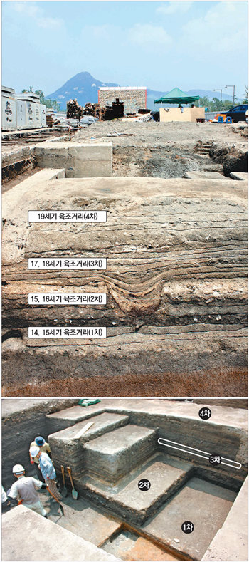 서울 종로구 세종로 광화문광장 세종대왕 동상의 건립 터 지하에서 드러난 조선시대 육조거리의 시대별 도로(위)와 한강문화재연구원의 발굴로 밝혀진 도로 표면(아래). 윤완준 기자