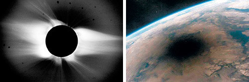 달이 해를 완전히 가리는 개기일식 때 태양 대기의 가장 바깥층을 구성하는 코로나가 잘 관측된다. 사진 속 달 둘레로 밝게 빛나는 부분이 코로나다(왼쪽 사진). 오른쪽 사진은 국제우주정거장(ISS)에서 촬영한 지구 표면의 달그림자. 사진 제공 미국항공우주국·한국천문연구원