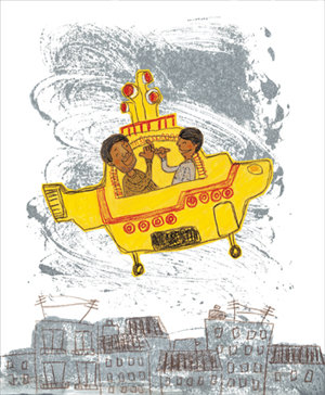 동화집 ‘빨주노초파남보똥’ 중 ‘노란잠수함’에 실린 삽화. 비틀스의 ‘노란잠수함’을 좋아하는 방글라데시인 아빠는 거리공연 중 경찰에게 구걸을 한다는 오해를 받는다. 일러스트 제공 사계절