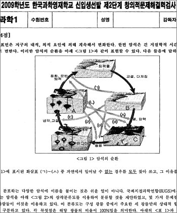 학원가에 유출된 2009학년도 한국과학영재학교 입시 2단계 창의적 문제해결력 검사 ‘과학’ 문제지.