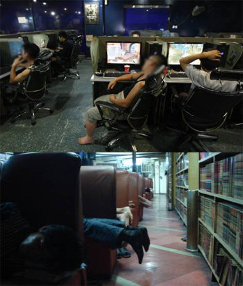 24일 밤 12시경 서울역 근처의 한 PC방에서 ‘준노숙인’이 의자에 앉아 몸을 늘어뜨린 채 잠을 자고 있다. 피곤에 지친 듯한 남성 앞에 컴퓨터 모니터만 깜빡이고 있다. PC방 만화방 찜질방을 제 집 삼아 지내는 준노숙인은 해마다 늘고 있다. 박영대 기자 sannae@donga.com