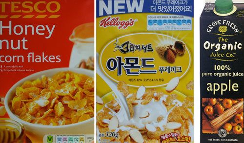 사진을 둘러싼 배경 색과 시리얼 사진을 가리지 않도록 글자를 배치한 세심함이 보이는 테스코와 켈로그의 제품들. 또 다른 작위일 수도 있지만 소비자들은 오히려 자연스러움으로 이해하는 ‘그로브 프레시’의 유기농 사과주스 포장. 사진 제공 지상현 교수