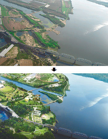 3년 후 낙동강 이렇게…4대강 살리기 사업이 마무리되는 2012년이면 낙동강이 지나는 경남 김해시 생림면 일대는 아래 조감도처럼 달라진다. 사진 제공 국토해양부