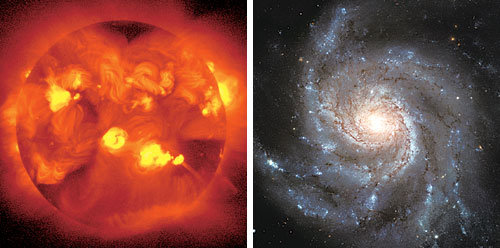요코 우주망원경으로 관측한 태양(왼쪽)과 허블 우주망원경으로 관측한 M101(나선은하). 사진 제공 사이언스북스