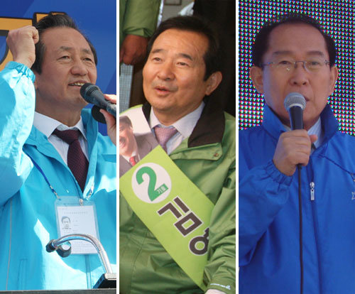 후보만큼 바쁜 당 대표들
국회의원 재·보궐선거를 8일 앞둔 20일 여야 지도부는 당 소속 후보의 지원유세를 위해 총력을 기울였다. 왼쪽부터 한나라당 정몽준 대표, 민주당 정세균 대표, 자유선진당 이회창 총재. 음성·안산=김동주 기자  진천=연합뉴스