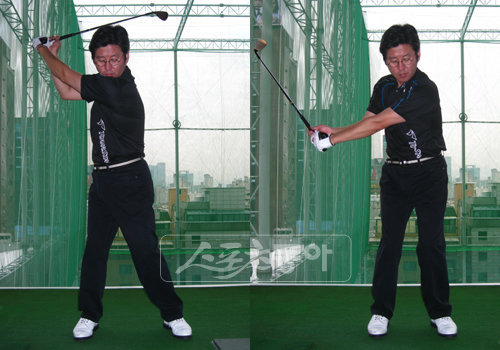 풀스윙(왼쪽)과 거리조절을 위한 하프스윙(오른쪽)은 스탠스의 폭과 스윙 크기만 달라졌을 뿐 기본적으로 동일하다. 스윙이 작아졌다고 해서 스윙 스피드나 리듬까지 흐트러져서는 안 된다. 언제나 동일한 리듬과 스피드로 볼을 정확히 때리면 일정한 거리감을 얻을 수 있다.