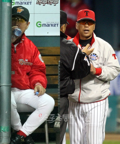 ▲ SK 김성근 감독(왼쪽0 이 속이 타는지 물을 마시고 있다. 김 감독의 심각한 표정에서 경기 상황을 짐작해볼 수 있다. 5차전 때 심판 판정에 항의하면서 그라운드를 벌집 쑤신 듯 뒤집어 놓았던 김 감독은 6차전에서는 별다른 어필을 하지 않았다. KIA 조범현 감독은 한국시리즈 내내 초연했지만 6차전에서는 적극적인 모습을 보이며 강한 승부욕을 드러냈다. 4회 2사 2루서 터진 김상현의 파울 타구에 대해 비디오 판독을 요청하는 조 감독.
