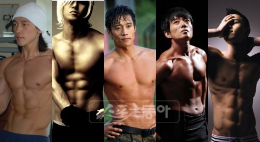 6개로 갈라진 ‘식스 팩’이 ‘엣지남’들의 필수다. 비 환희 이병헌 이범수 태양(왼쪽부터) 등 20대 아이들 스타에서부터 불혹을 앞둔 톱배우들까지 복근을 키우고 있다. 스포츠동아DB