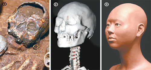 16세 여성 얼굴 복원경남 창녕군 송현동의 6세기 가야 고분에서 출토된 16세 여성 순장자의 두개골①. 귀고리를 차고 있다. 인골을 토대로 복제 뼈를 만들어 조립한 모습②과 피부를 입힌 모습③. 사진 제공 국립가야문화재연구소