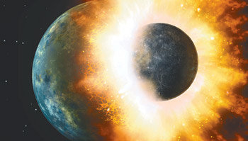미지의 행성 ‘니비루’와 지구가 충돌해 2012년 지구가 멸망한다? 천문학자들은 니비루는 실제로 존재하지 않는 행성이라며 충돌가능성이 없다고 일축한다. 화성과 달 크기의 두 행성이 충돌하는 상황을 그린 상상도. 사진 제공 미국항공우주국(NASA)