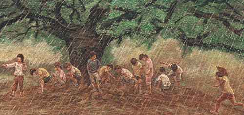 전북 부안군 구름뫼마을에 서 있는 ‘당산할매’ 나무 아래서 비를 피하는 아이들. 그림 제공 휴머니스트