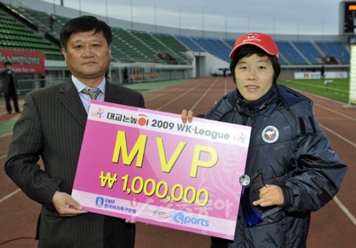 16일 열린 2009 여자축구 챔피언 결정 2차전에서 결승골을 넣고 MVP로 선정된 대교 이장미(오른쪽)가 오규상 여자축구연맹 회장과 기념촬영을 하고 있다. 경주｜김종원 기자 won@donga.com