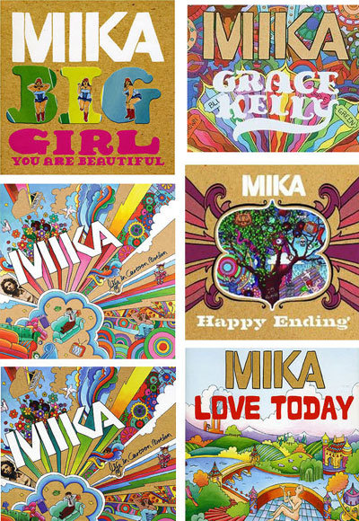 세계 각국에서 발행된 다양한 표지의 미카 앨범표지. 미카는 스스로 그린 그림으로 앨범 표지를 장식한다.