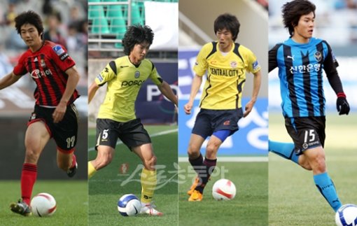전·현직 태극전사들이 6강 플레이오프에서 맞대결을 펼친다. 왼쪽부터 FC서울 기성용, 전남 곽태휘, 성남 김정우, 인천 유병수. 스포츠동아DB