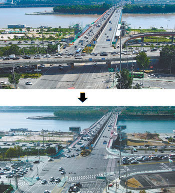 한강고가도로 철거전과 후. 사진 제공 서울시