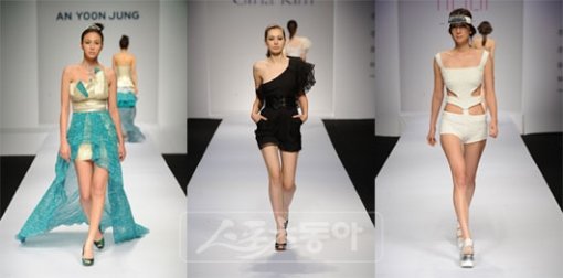 19~21일 부산에서 열린 국내 유일의 국제적인 패션쇼 ‘프레타 포르테 부산 2010 SS컬렉션’에는 다양하고 개성 있는 패션이 쏟아져 나왔다. 세계무대에서도 손색없는 안윤정, 지나 킴, 히로코 이토 씨의 작품.(왼쪽부터) 사진제공 | 모델센터 인터내셔널