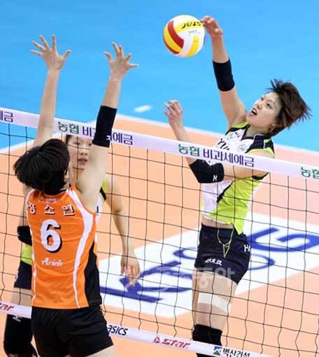 현대건설 양효진(오른쪽)이 1일 대전 충무체육관에서 열린 V리그 KT&G전에서 장소연의 블로킹 벽을 앞에 두고 스파이크를 날리고 있다. 대전 ｜ 박화용 기자 inphoto@donga.com