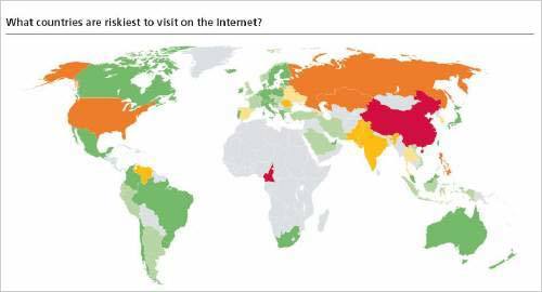 빨간색은 인터넷 위험도가 높은 지역이며 황색과 노란 색은 중간 정도, 파란색은 안전한 나라를 뜻한다.