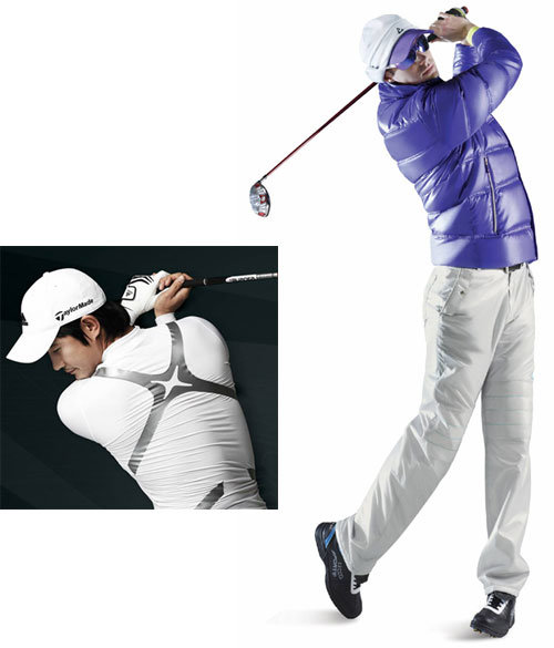 골프 의류가 진화하면서 겨울에도 따뜻한 상태로 골프를 즐길 수 있게 됐다. 아디다스의 기능성 이너웨어 테크핏 파워웹 특수 파워밴드(왼쪽)는 스윙의 일관성을 도와준다. 르꼬끄골프의 플레이 다운은 가볍고 보온성이 뛰어나다. 사진 제공 아디다스골프·르꼬끄골프