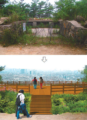 서울시와 육군 수도방위사령부는 시 녹지 내 군 시설물 중 사용하지 않는 곳을 철거하고, 시민휴식공간으로 개방하고 있다. 관악산 일대 방공진지(위쪽) 8곳은 목재 데크가 설치된 전망 공간(아래쪽)으로 내년 7월까지 바뀐다. 사진 및 조감도 제공 서울시