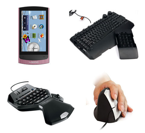 왼손잡이를 배려한 착한 IT 기기가 쏟아지고 있다. 왼쪽 위부터 시계방향으로, 삼성전자 MP3 ‘옙 R1’, MS키보드 ‘사이드와인더 X6’, 모스트벤텍 ‘안아파 왼손 마우스’, 로지텍 게임용 키보드 ‘G13’. 사진제공 | 각 회사