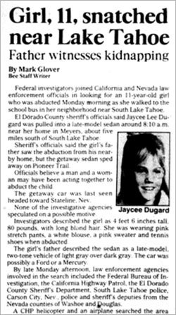 1991년 11세 소녀이던 제이시 두가드 양이 납치됐을 당시 현지 신문에 보도된 기사.