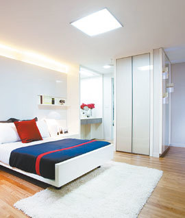 LIG건설이 분양하는 ‘중랑숲 리가’ 84㎡의 침실. 파우더룸과 드레스룸의 수납 기능을 강화했고 발코니는 부부를 위한 휴식공간이나 세탁을 할 수 있는 공간으로 활용하도록 꾸몄다. 사진 제공 LIG건설