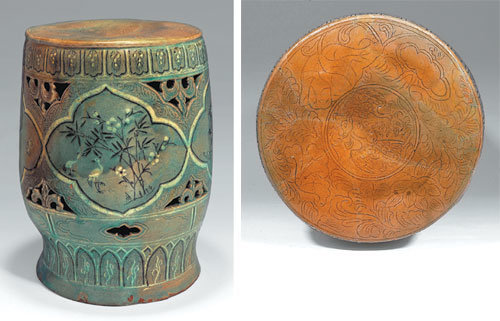 13세기 후반 전남 강진에서 만든 것으로 추정되는 고려왕실용 청자상감 새꽃무늬 의자. 오른쪽은 봉황과 연꽃 등을 표현한 청자의자 윗면. 사진 제공 경기도박물관