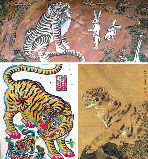 경기 수원시 팔달선원의 벽화에 그려진 담배 피우는 호랑이와 시중드는 토끼(위). 중국 연화에 나오는 화려한 색채가 두드러지는 호랑이(왼쪽). 1901년에 그려진 일본의 호랑이 그림. 메이지유신 이후 호랑이 그림의 특징인 사납고 강압적인 모습을 담고 있다(오른쪽). 사진 제공 생각의나무