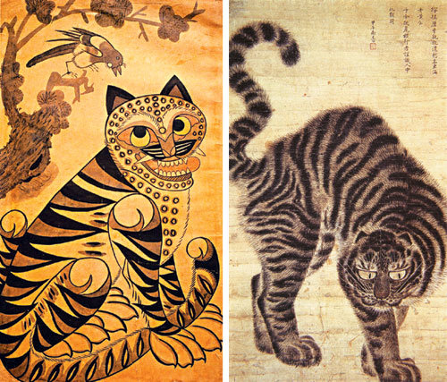 까치와 호랑이를 그린 조선시대 민화(왼쪽)와 18세기 심사정이 그린 것으로 추정되는 맹호도. 동아일보 자료 사진