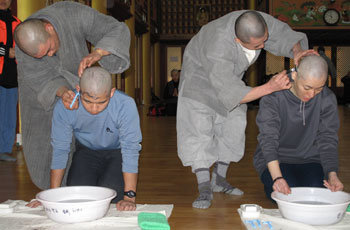 월정사 단기출가학교에 참가한 한 남성(왼쪽)과 여성이 3일 삭발식을 치르고 있다. 참가자들은 한 달 동안 불교 교리 강의를 듣고 참선과 삼보일배 등을 수행한다. 평창=민병선 기자
